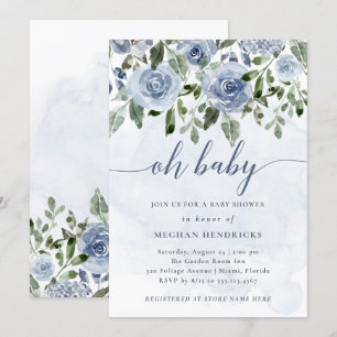 Baby Dusty Blue Watercolor Blume Dusche Einladung