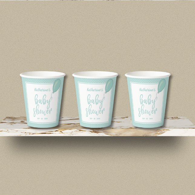 Baby Duwer Gender Neutral Pastel Green Pappbecher (Pastel Green Gender Neutral Baby Shower Paper Cups with Polka Dot, Balloon, Mom's Name, Date.)
