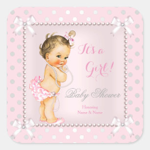 Baby Duwer Girl Pink Grau Pearl Brünett Quadratischer Aufkleber