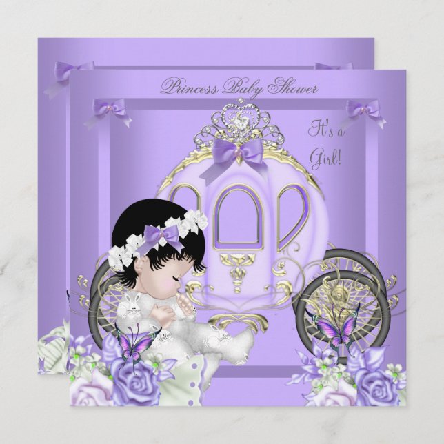 Baby Duwer Girl Princess Carriage Lavendel Einladung (Vorne/Hinten)