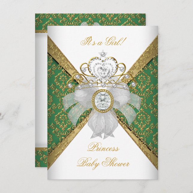 Baby Duwer Girl White Green Princess Damask Einladung (Vorne/Hinten)