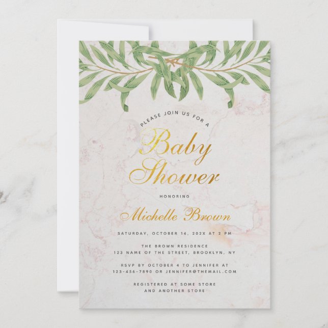Baby Duwer Greenery Elegant Script Gender Neutral Einladung (Vorderseite)
