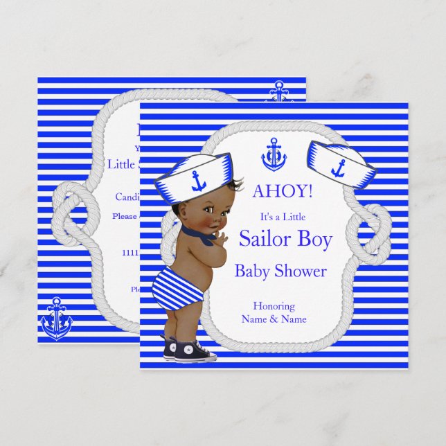 Baby Duwer Sailor Boy Royal Blue Stripe Ethnic Einladung (Vorne/Hinten)