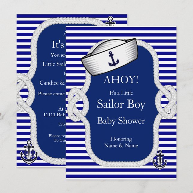 Baby Duwer Sailor Hat Boy Blue Stripe Einladung (Vorne/Hinten)