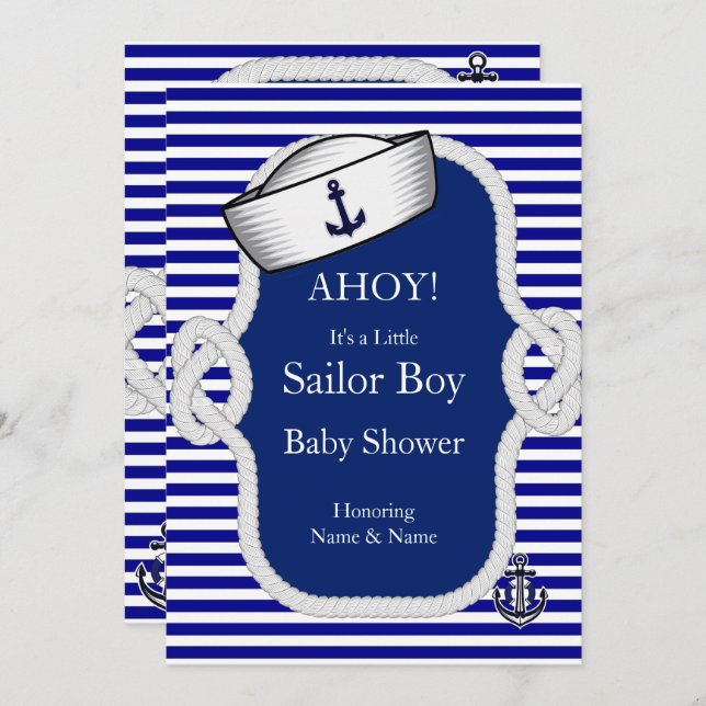 Baby Duwer Sailor Hat Boy Blue Stripe Einladung (Vorne/Hinten)