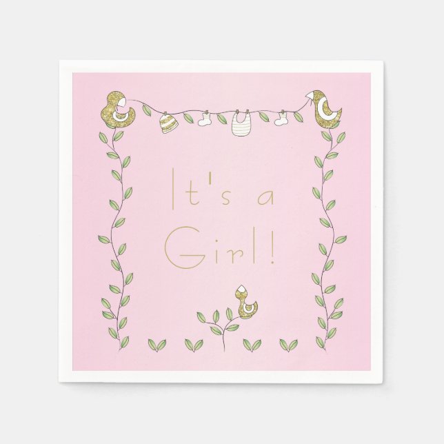 Baby Duwer Standard Napkin PINK "Gold Birds" Serviette (Vorderseite)