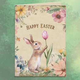 Baby Easter Bunny with Pink Tulip Vintage Floral  Karte