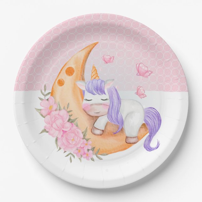 Baby einhorcht mit Blume über den Mond Pappteller (Vorderseite)