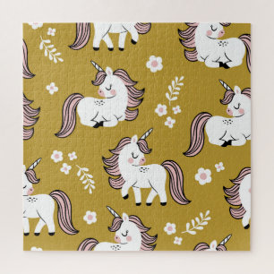 Baby-Einhörner, Blumen, gelbes Vintage-Muster. Puzzle