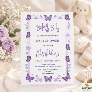 Baby-Einladung für Mädchen mit lila Schmetterling Einladung