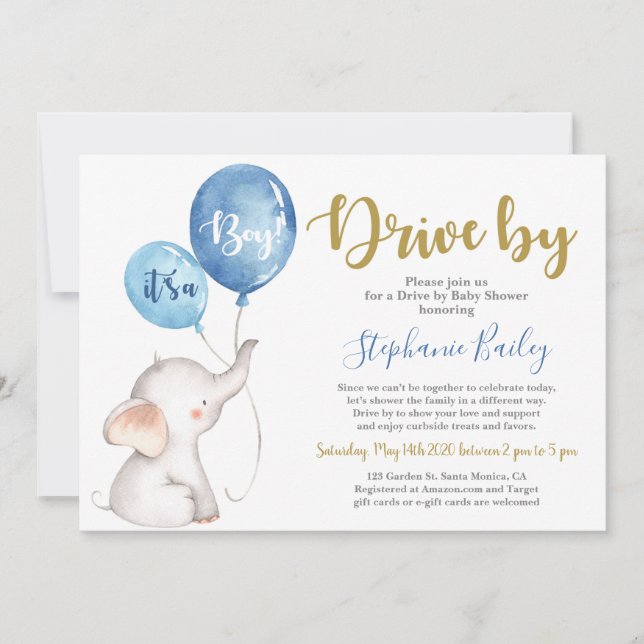 Baby Elefant Drive by Baby Shower Junge Einladung (Vorderseite)
