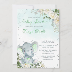 Baby-Elefant & grüne Blumen Mädchen-Baby-Party. Einladung