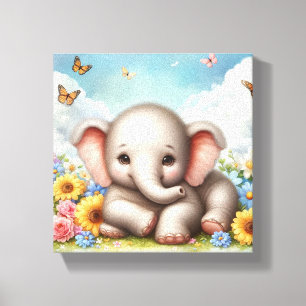 Baby-Elefant in Blumen Leinwanddruck