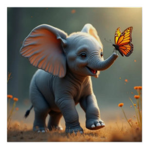 Baby-Elefant jagt einen Schmetterling Glänzendes P Poster
