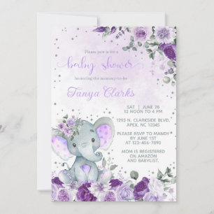 Baby-Elefant & lila Blumen Mädchen Baby Shower. Einladung