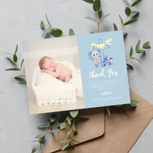 Baby-Elefant mit Kreuz-Taube-Taufe-Dankeschön Dankeskarte