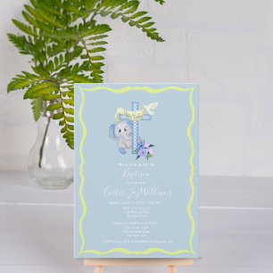 Baby‑Elefant mit Kreuz und Taube Taufkarte Einladung