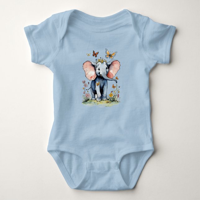 Baby Elefant mit Schmetterlingen und Wildblumen Baby Strampler (Vorderseite)