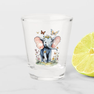 Baby Elefant mit Schmetterlingen und Wildblumen Schnapsglas