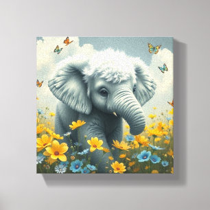 Baby-Elefant rennt in Blumen Leinwanddruck