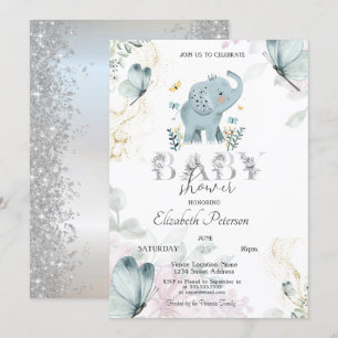 Baby-Elefant-Schmetterling-Glitter-Silber-Baby-Par Einladung