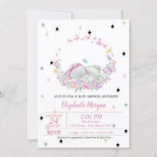 Baby Elefant, Schmetterlinge, Sterne Baby Shower  Einladung