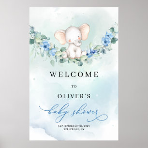 Baby Elefanten Blue Blumen Boy Baby Dusche Begrüßu Poster