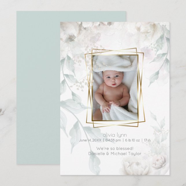 Baby | Elegant Alabaster White Peonies Einladung (Vorne/Hinten)