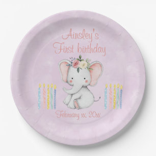 Baby Elephant 1. Geburtstag Pink Watercolor Pappteller