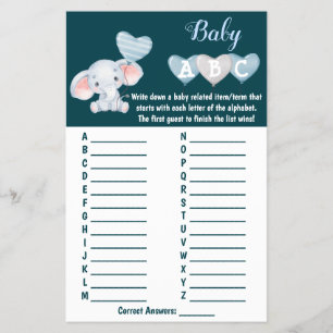 Baby Elephant ABC Baby Shower Game Card Flyer