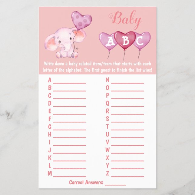 Baby Elephant ABC Baby Shower Game Card Flyer (Vorne)
