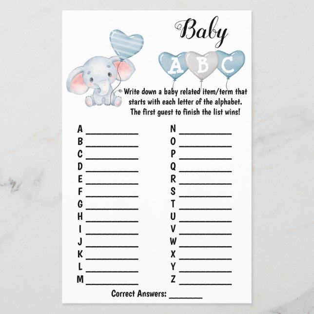 Baby Elephant ABC Baby Shower Game Card Flyer (Vorne)
