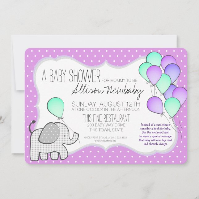 Baby Elephant and Balloons Magenta Baby Shower Einladung (Vorderseite)