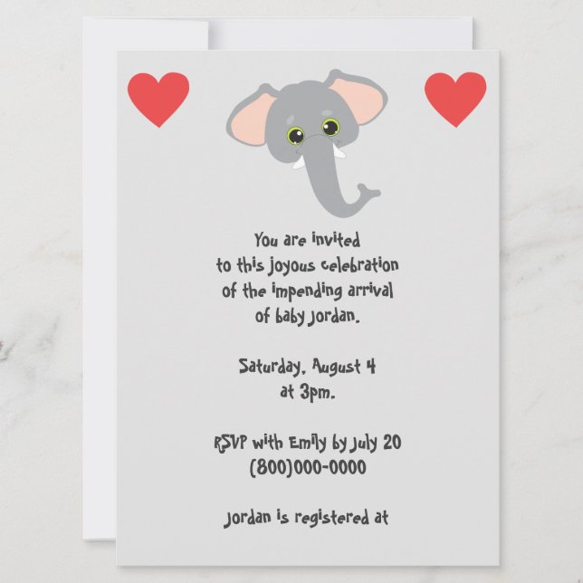 Baby Elephant and Hearts Gray Baby Shower Einladung (Vorderseite)