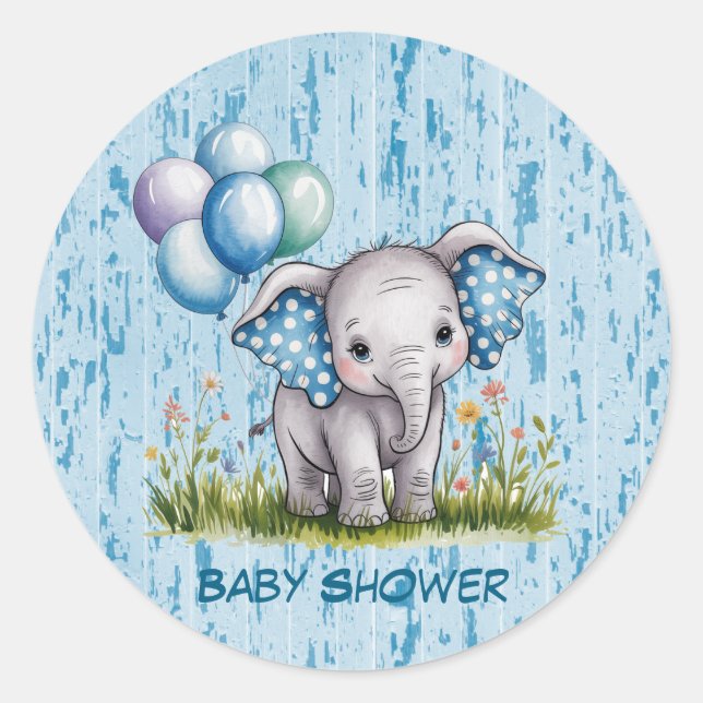 Baby Elephant and Wildflower Boy Baby Shower Runder Aufkleber (Vorderseite)