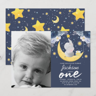 Baby Elephant auf Moon Erster Geburtstag Foto Einladung