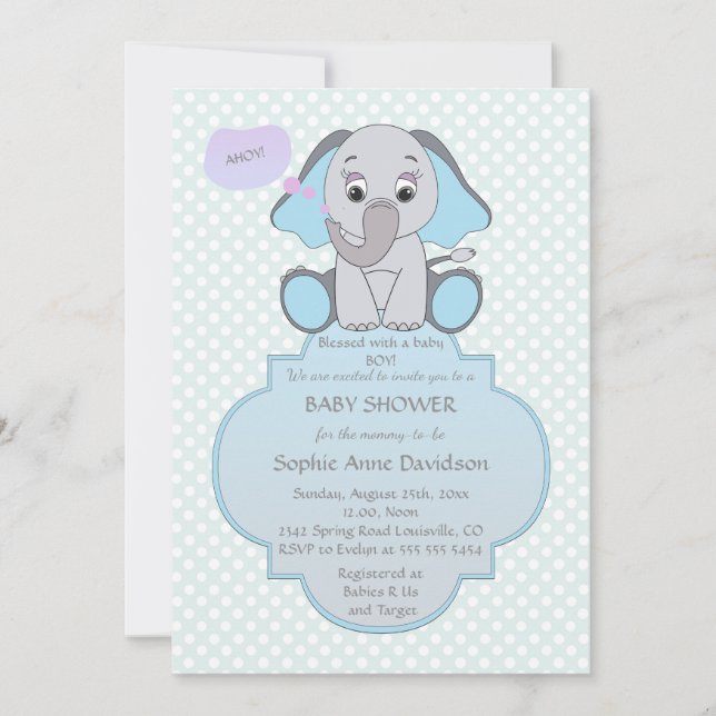 Baby Elephant Baby Boy Babydusche einladen Einladung (Vorderseite)