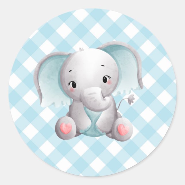 Baby Elephant Baby Boy Sticker Blue Kariert Gingha (Vorderseite)