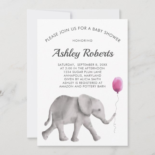 Baby Elephant Baby Shower Einladung, Pink & Gray Einladung (Vorderseite)