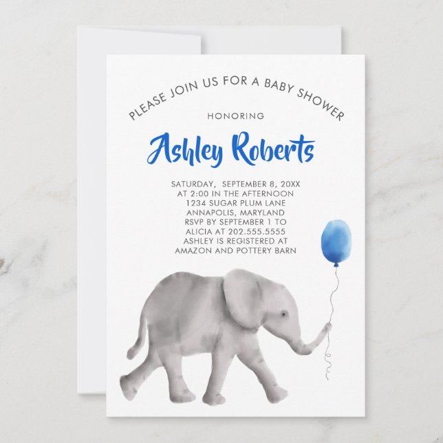 Baby Elephant Baby Shower Invite, Blue & Gray Einladung (Vorderseite)