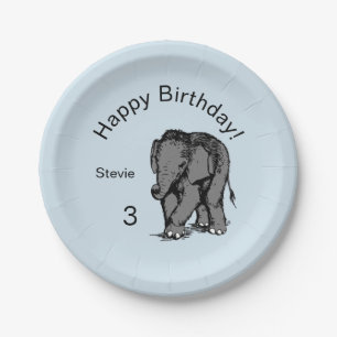 Baby Elephant Birthday Blue Pappteller