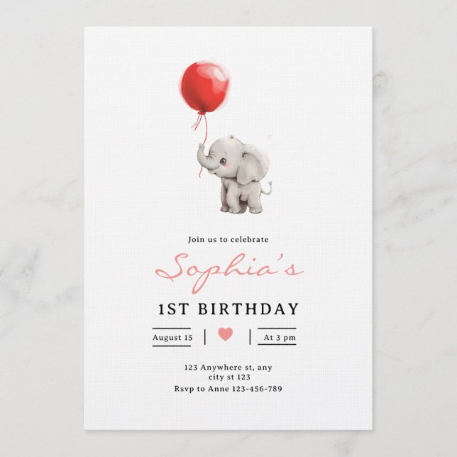 Baby Elephant Birthday Invite, Kids 1st Birhday Einladung (Vorderseite)