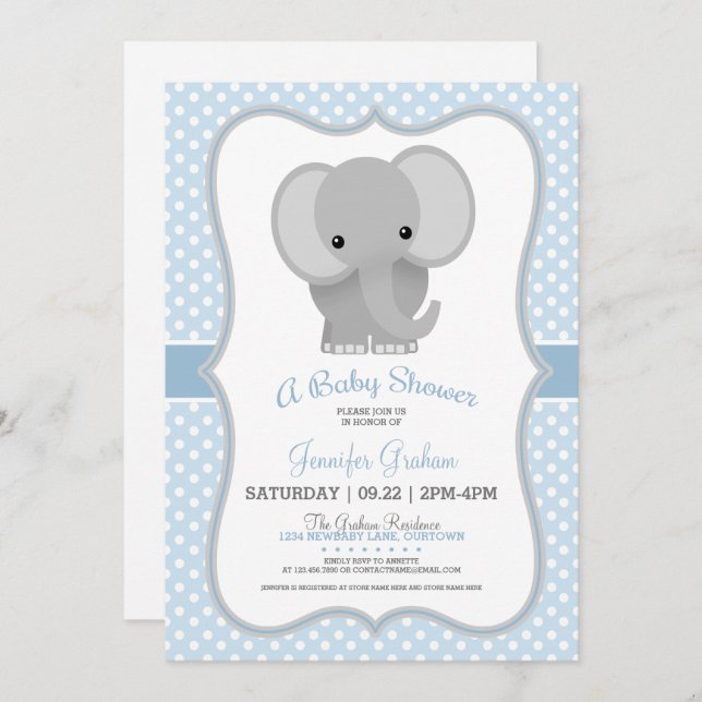 Baby Elephant (blau) Babydusche Einladung (Vorne/Hinten)