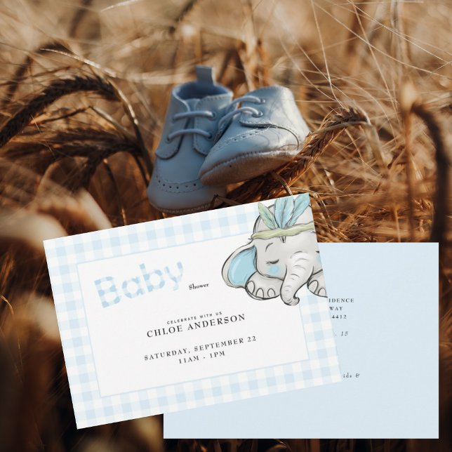 Baby Elephant Blue Gingham Baby Shower Einladung (Von Creator hochgeladen)