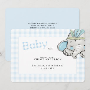 Baby Elephant Blue Gingham Baby Shower Rounded Einladung