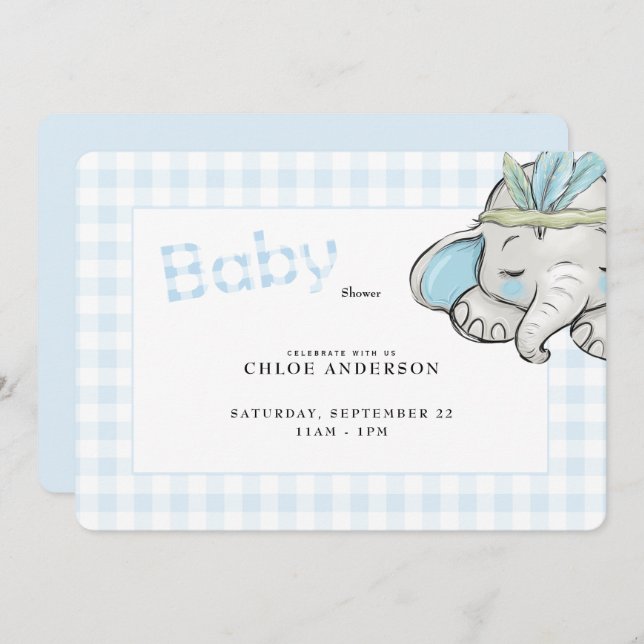 Baby Elephant Blue Gingham Baby Shower Rounded Einladung (Vorne/Hinten)