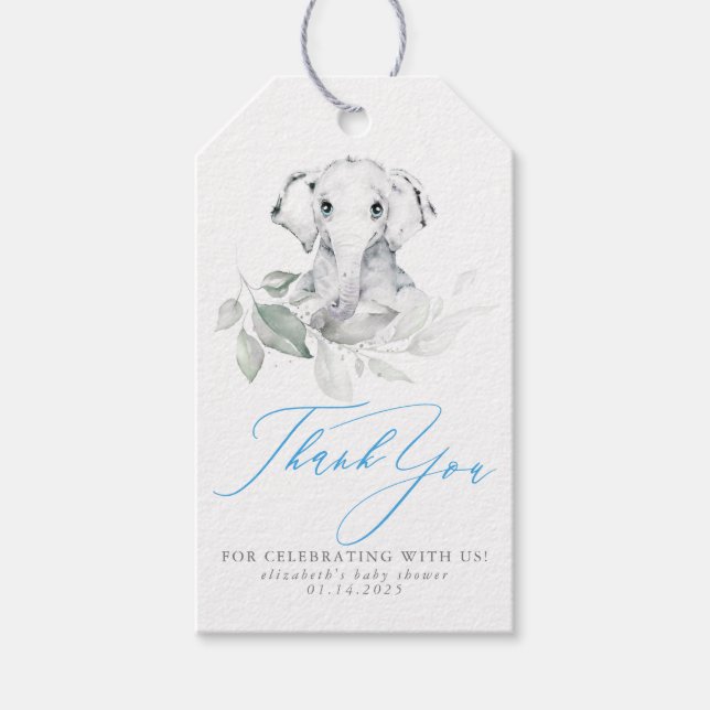 Baby Elephant Blue Sage Baby Dusche Vielen Dank Geschenkanhänger (Vorderseite)