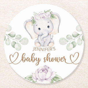Baby Elephant & Blume Wasserfarbe Kinderdusche Runder Pappuntersetzer