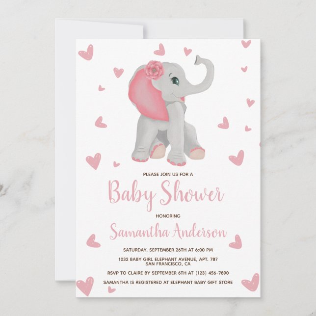 Baby Elephant Blush Pink Bloral Baby Dusche Foto Einladung (Vorderseite)