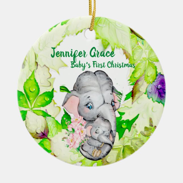 Baby Elephant Botanical Custom Foto 1. Weihnachten Keramik Ornament (Vorne)
